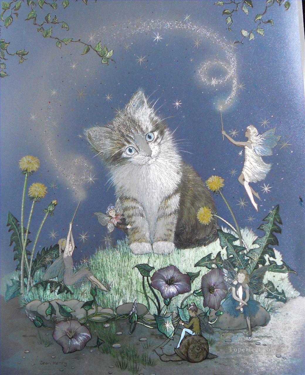Beau et magique chat féerique Peintures à l'huile